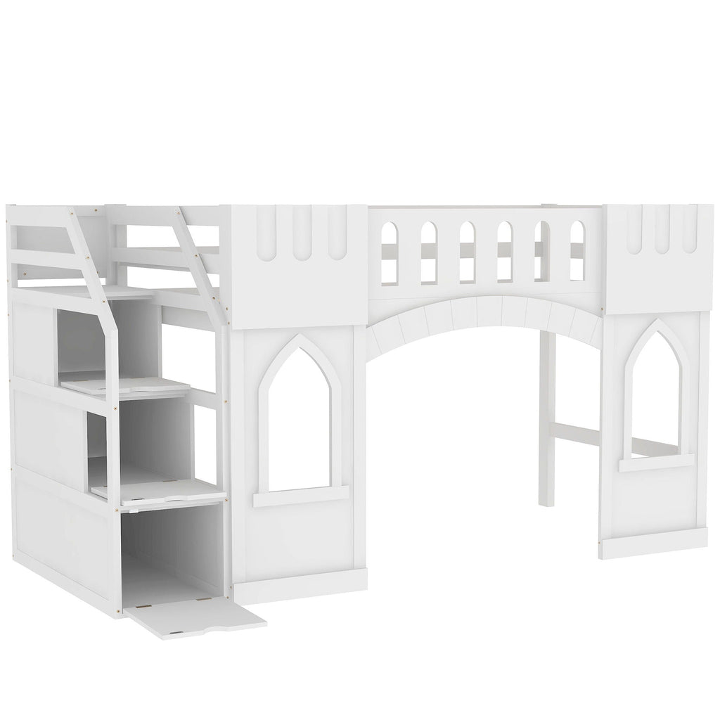 Loft Bed With Storage Staircase and Windows - Twin Size