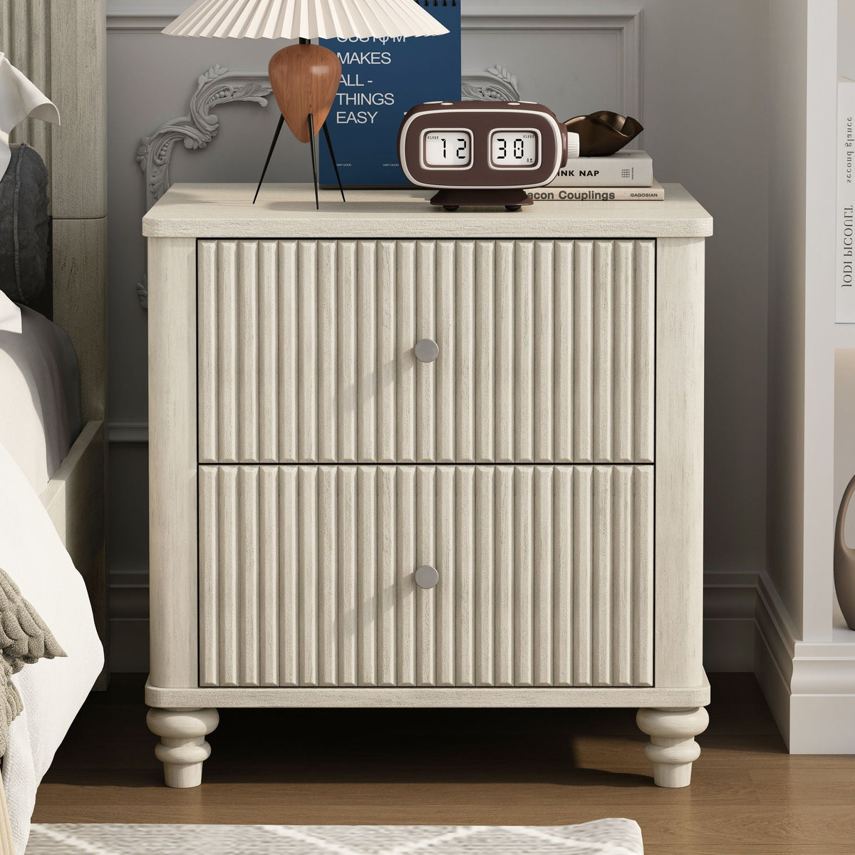 Fluted Nightstand with 3 Drawers - Set of 2 - Dark Brown or Beige