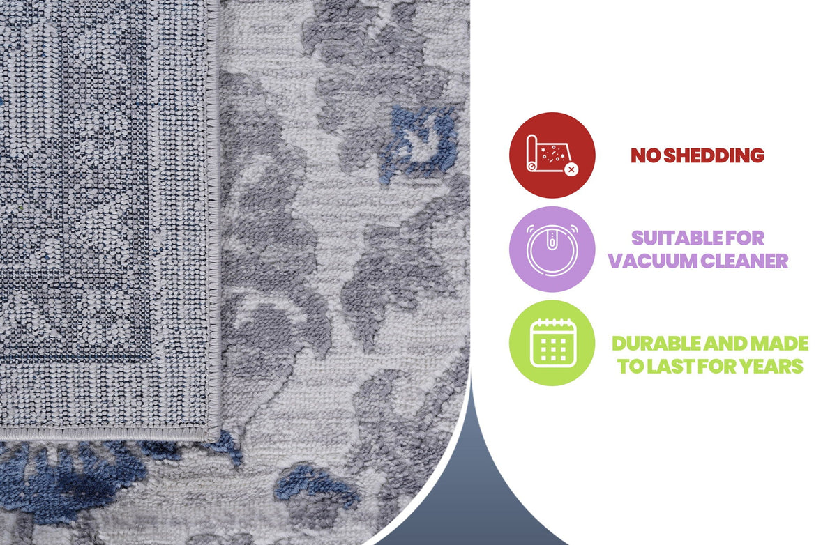 Oriental Runner Rug with Non-Shedding Polypropylene - Blue or Gray