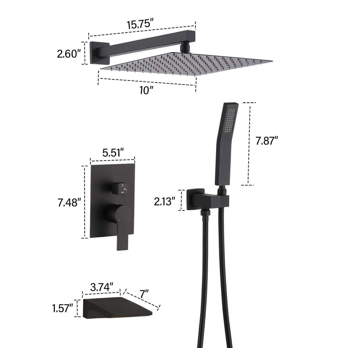 Modern 10" Wall Mounted Rainfall Shower Head System with Handheld Shower - Gold or Black