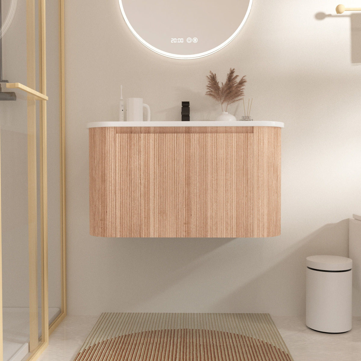 Light Brown Wall Mounted Bathroom Vanity with Sink - Curved Front