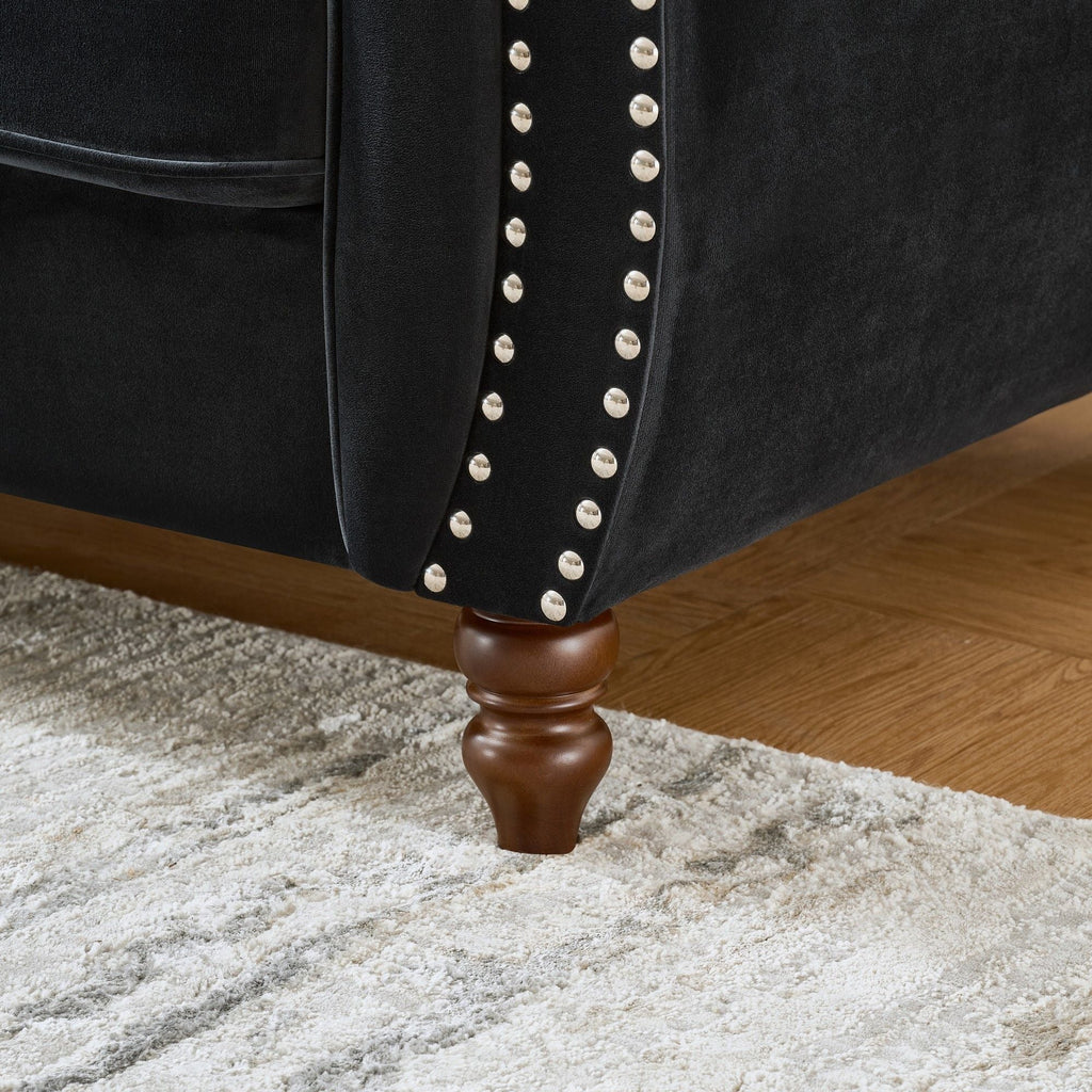 Chesterfield 3 And 2 Seater Upholstery Sofa with Roll Armrest & Nailhead Fabric Couch - Black