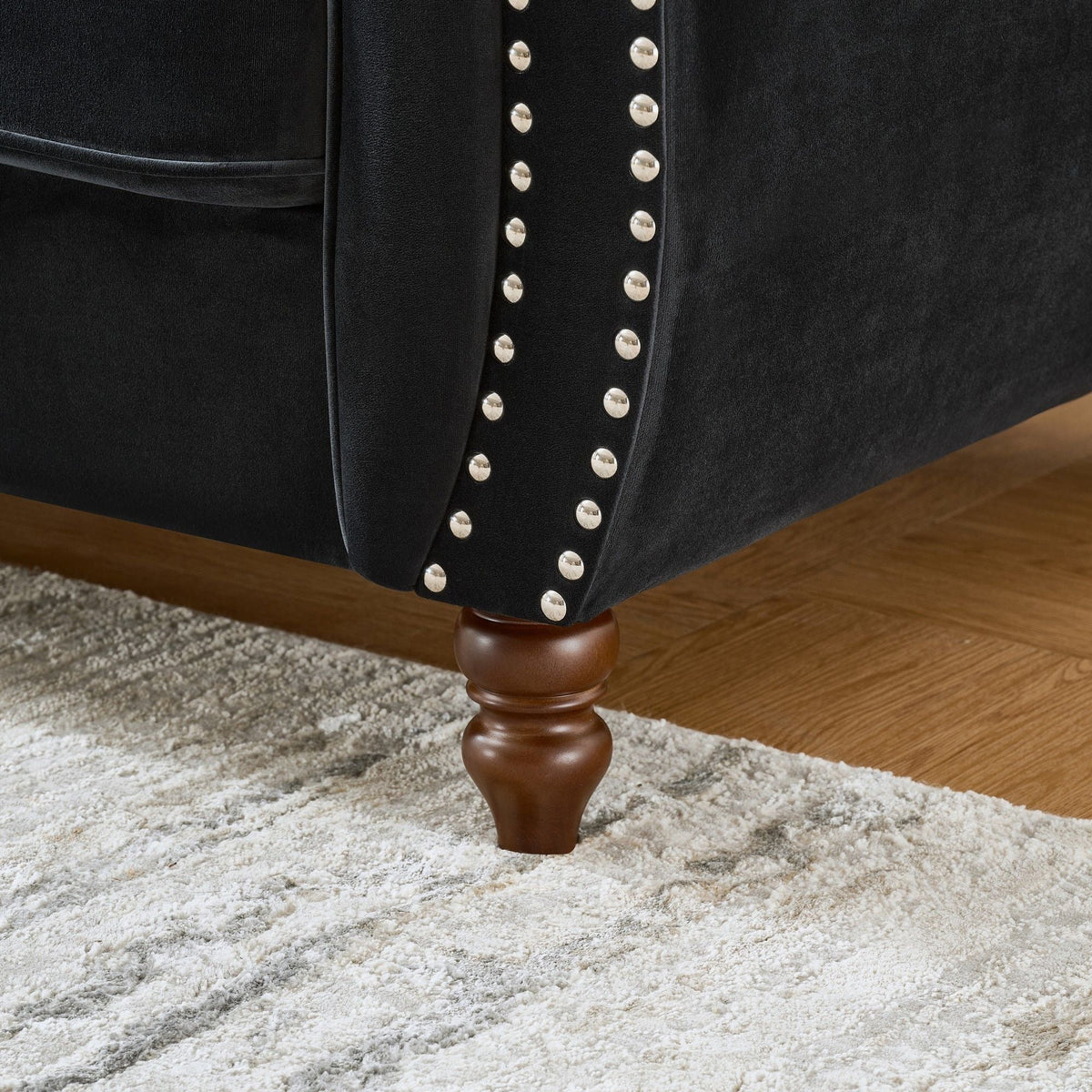 Chesterfield 3 And 2 Seater Upholstery Sofa with Roll Armrest & Nailhead Fabric Couch - Black