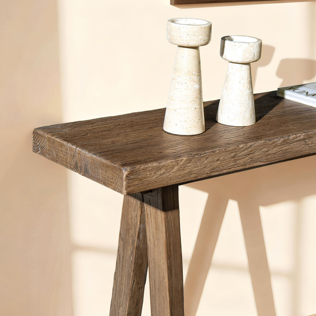 Trestle Coffee Table with Solid Reclaimed Elm Construction - Dark or Light Brown