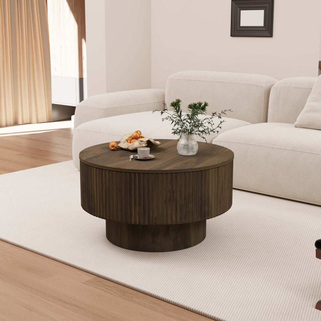 Modern Circular Coffee Table with Stripe Design and Storage Space - Light Brown or Dark Brown