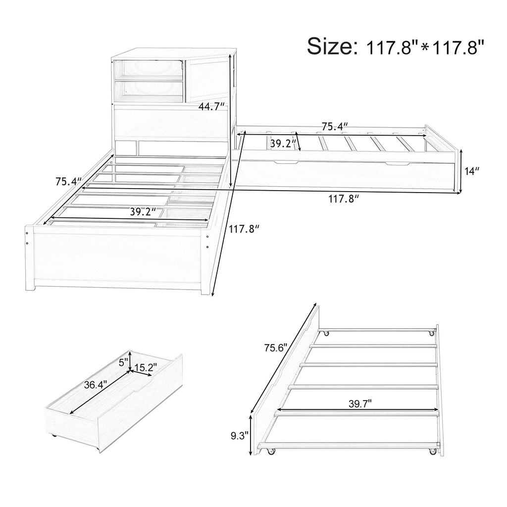 L-Shaped Bed Frame with Trundle, Desk & LED Lighting - Twin