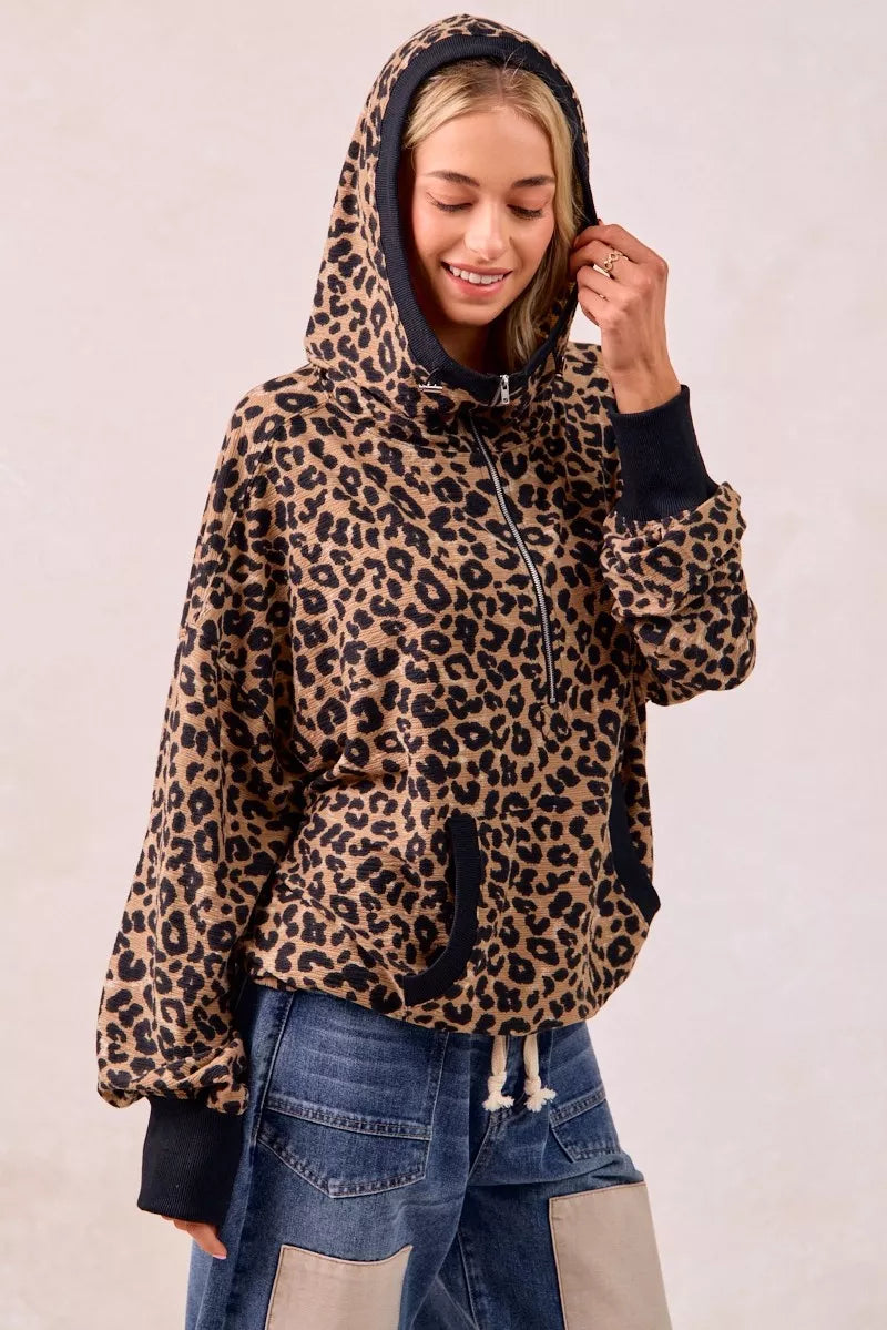 BiBi Leopard Print Waffle Half Zip Up Hoodie W Pocket