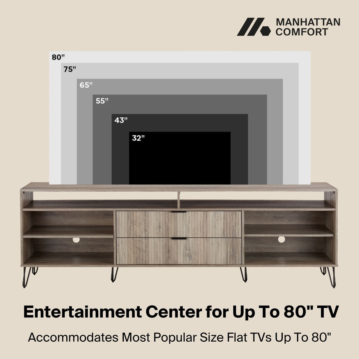 Fluted TV Stand with Storage and Metal Legs - Multiple Colors
