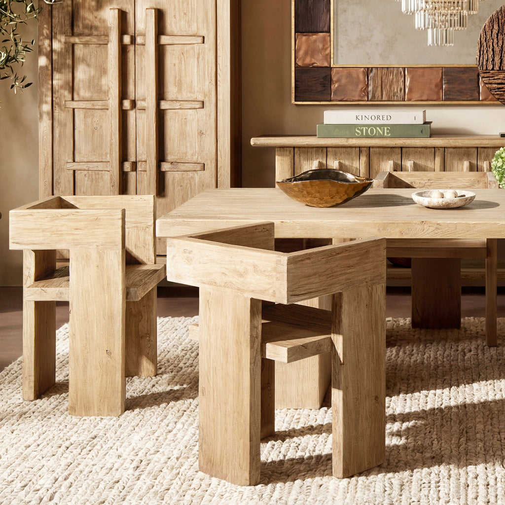 Sculptural Block Accent Chair with Reclaimed Elm Construction - Brown