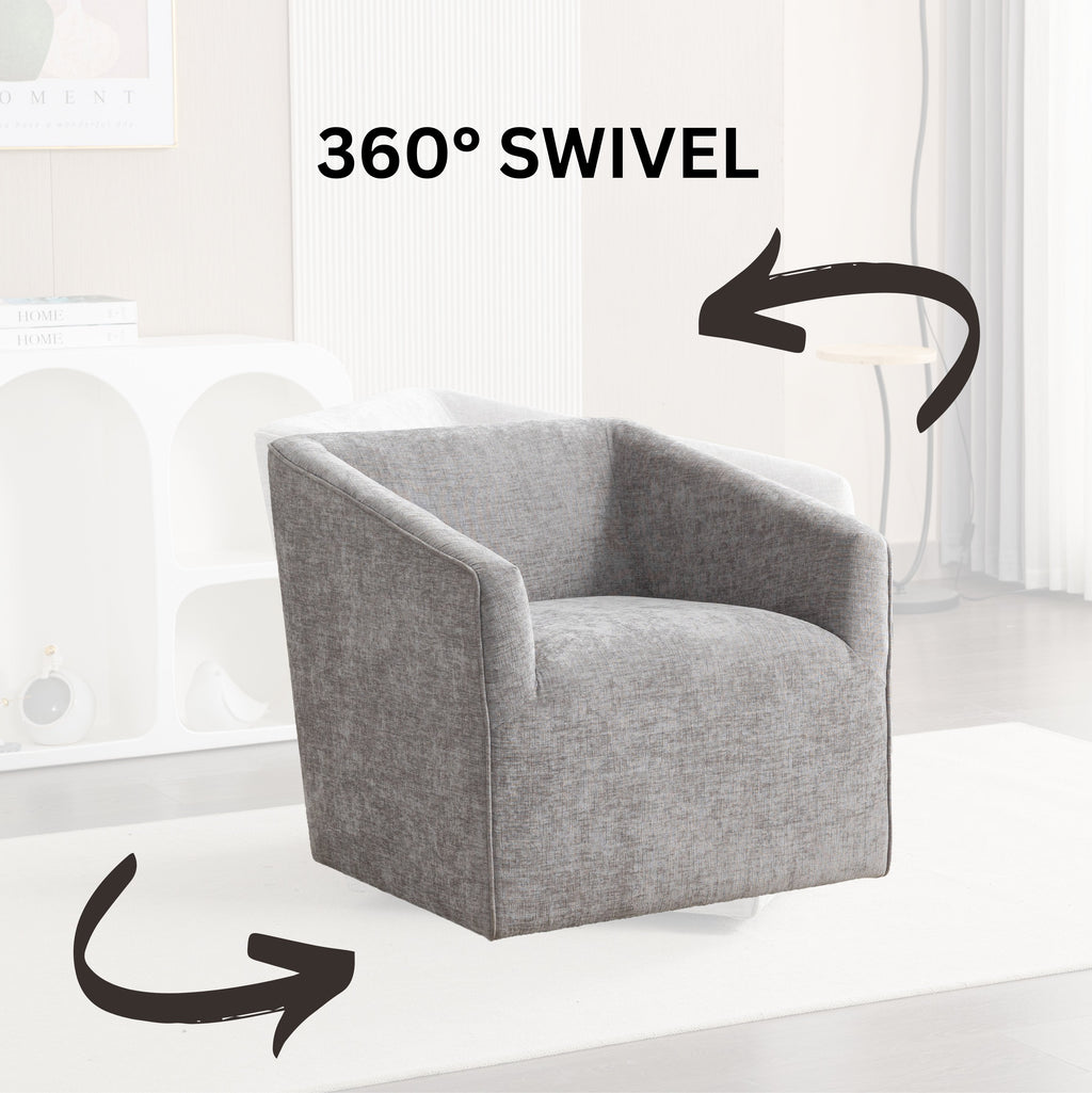 Modern Upholstered Barrel Armchair with 360° Swivel - Gray
