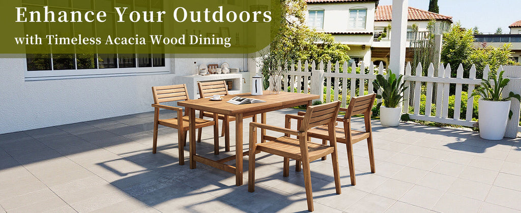 Natural Acacia Wood 5-Piece Outdoor Dining Set with Rectangular Table - Natural
