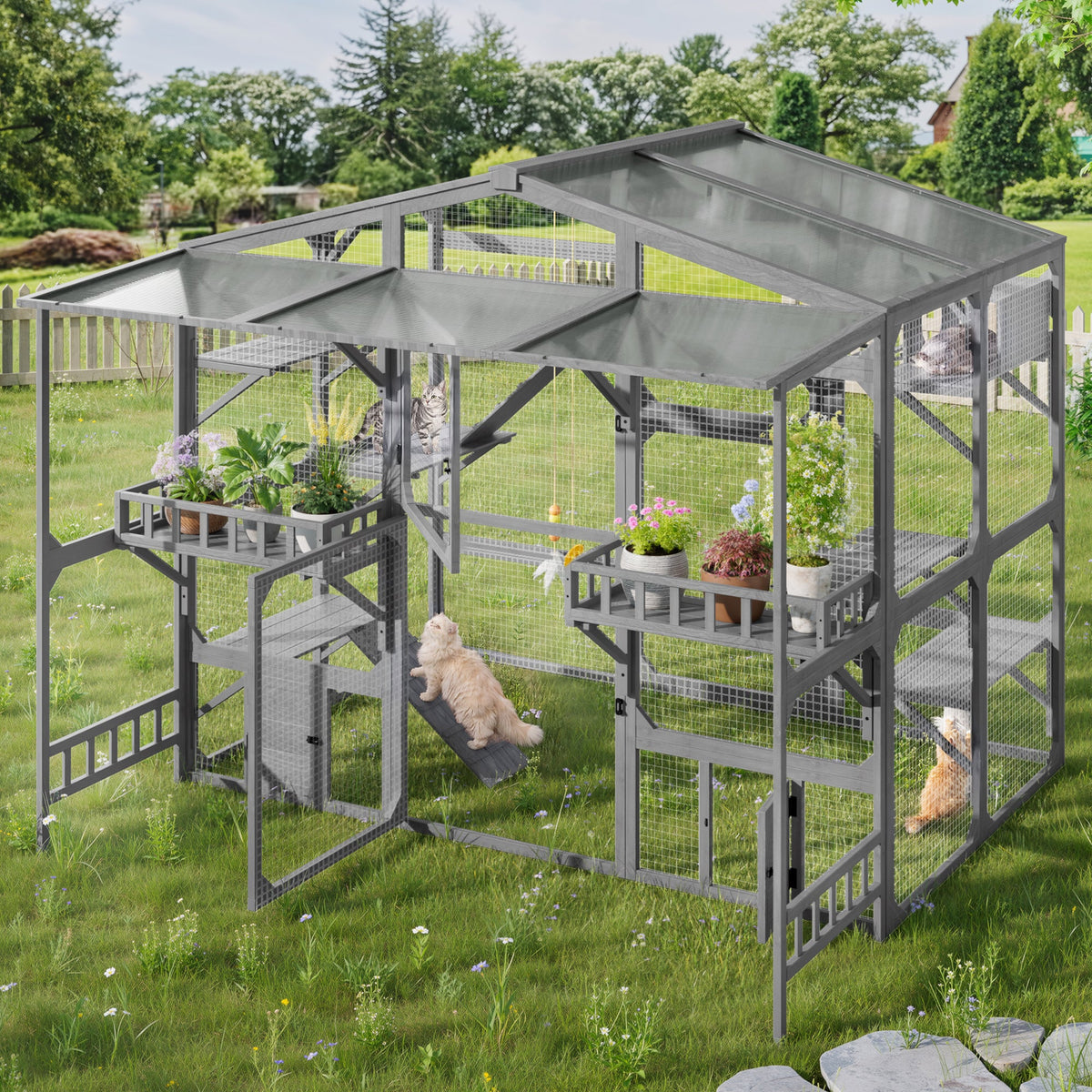 Large Outdoor Catio for Cats with Climbing Platforms - Pine