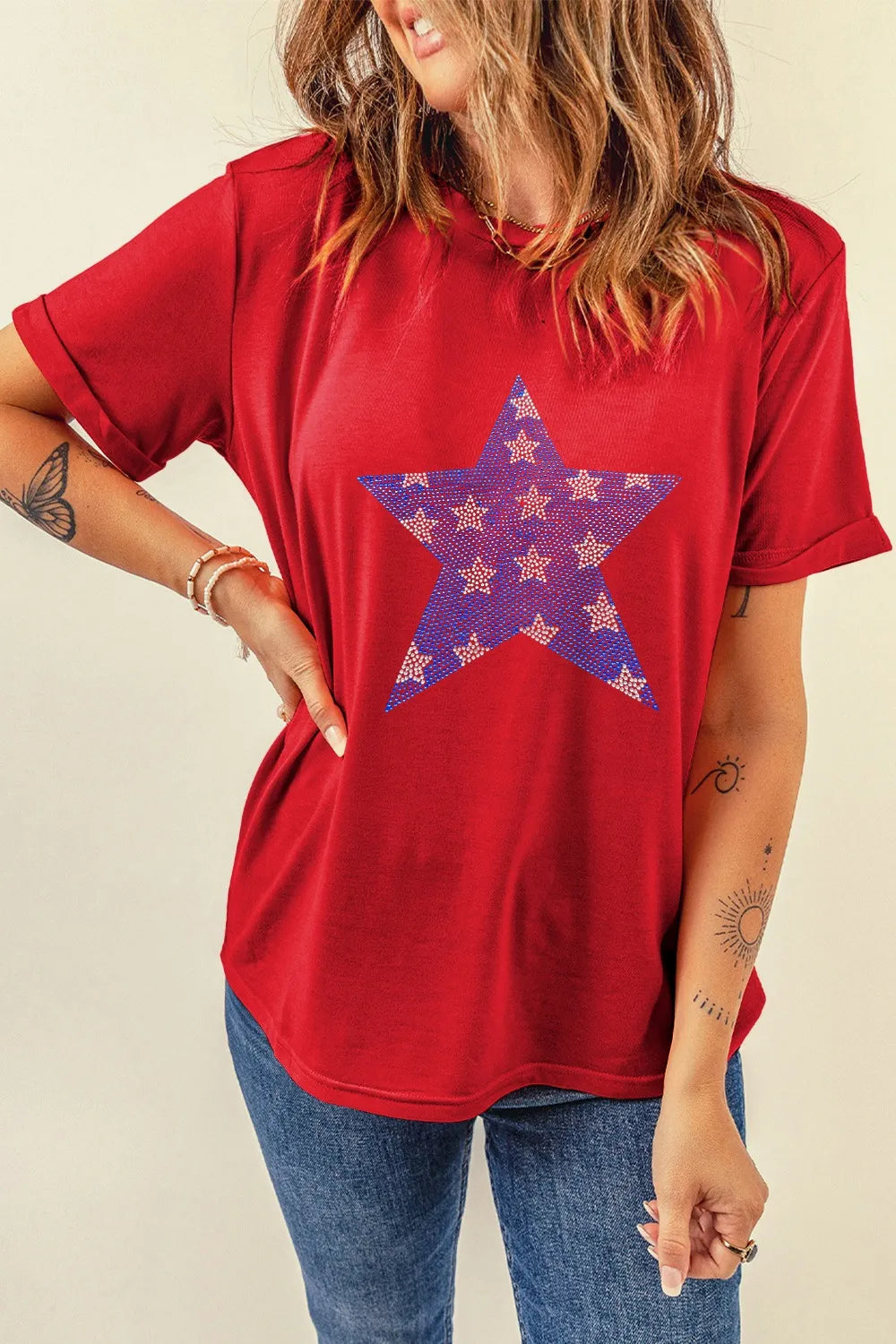 Patriotic Star Round Neck T-Shirt