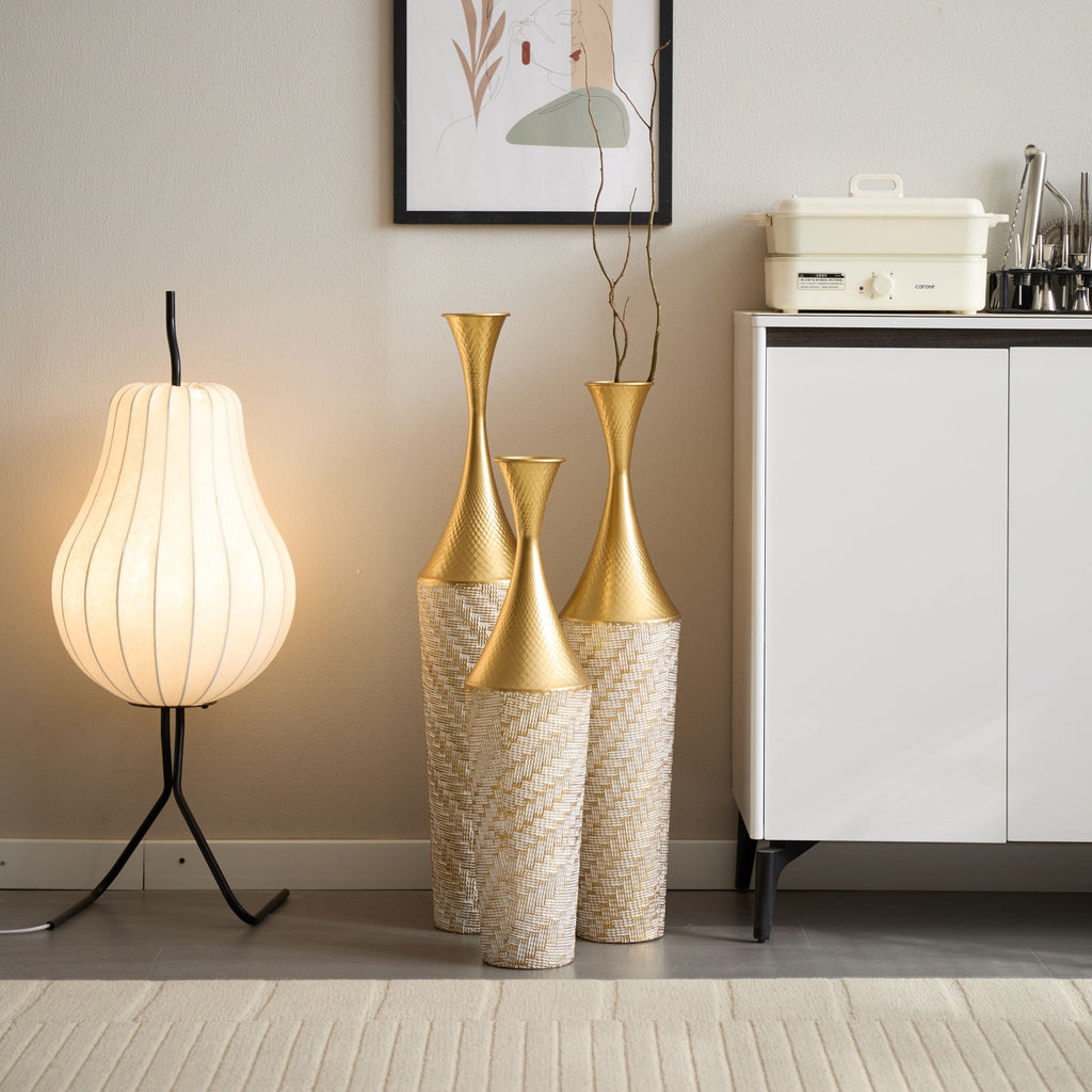 Champagne Floor Metal Vase 3-Piece Set with Woven Pattern - Modern Style