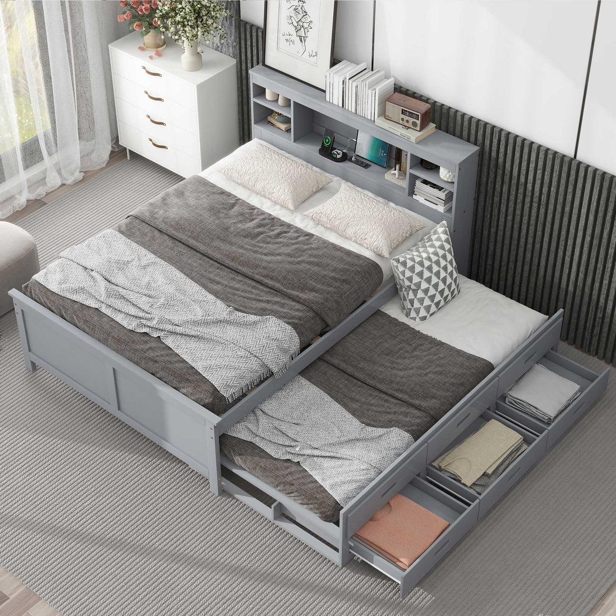 Platform Bed with Storage Headboard, USB, Trundle & 3 Drawers - Twin or Full