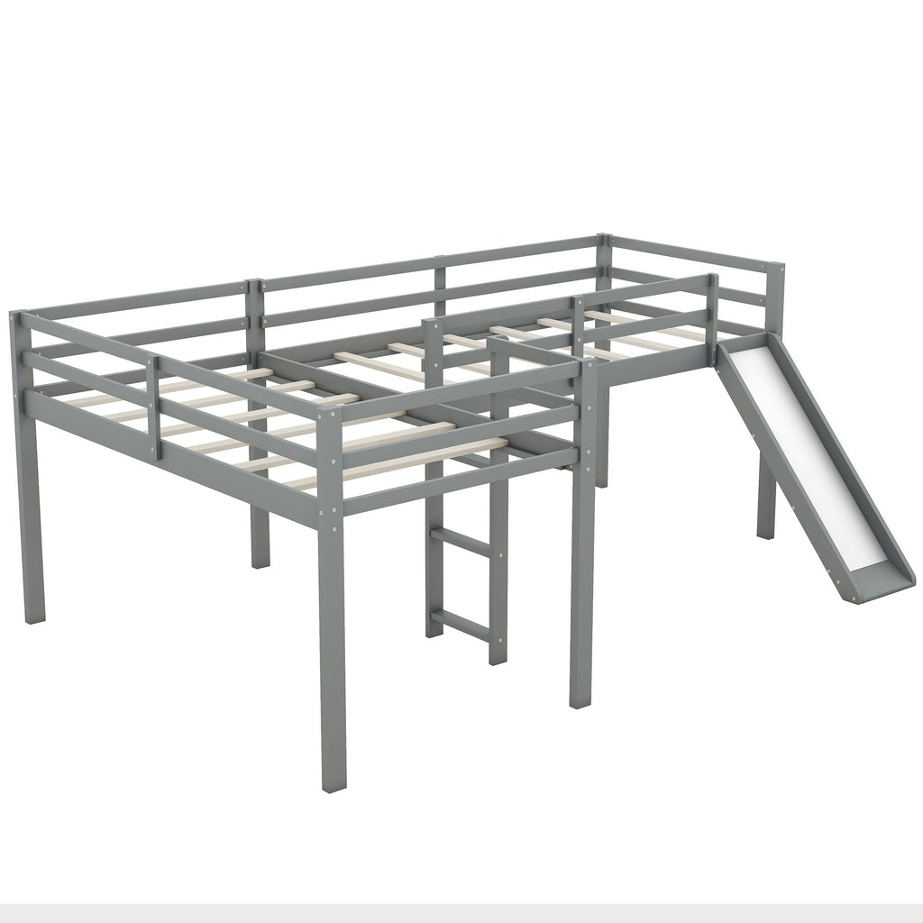 L Shaped Loft Bed with Slide and Ladder - Twin Size, Solid Wood - White or Dark Gray