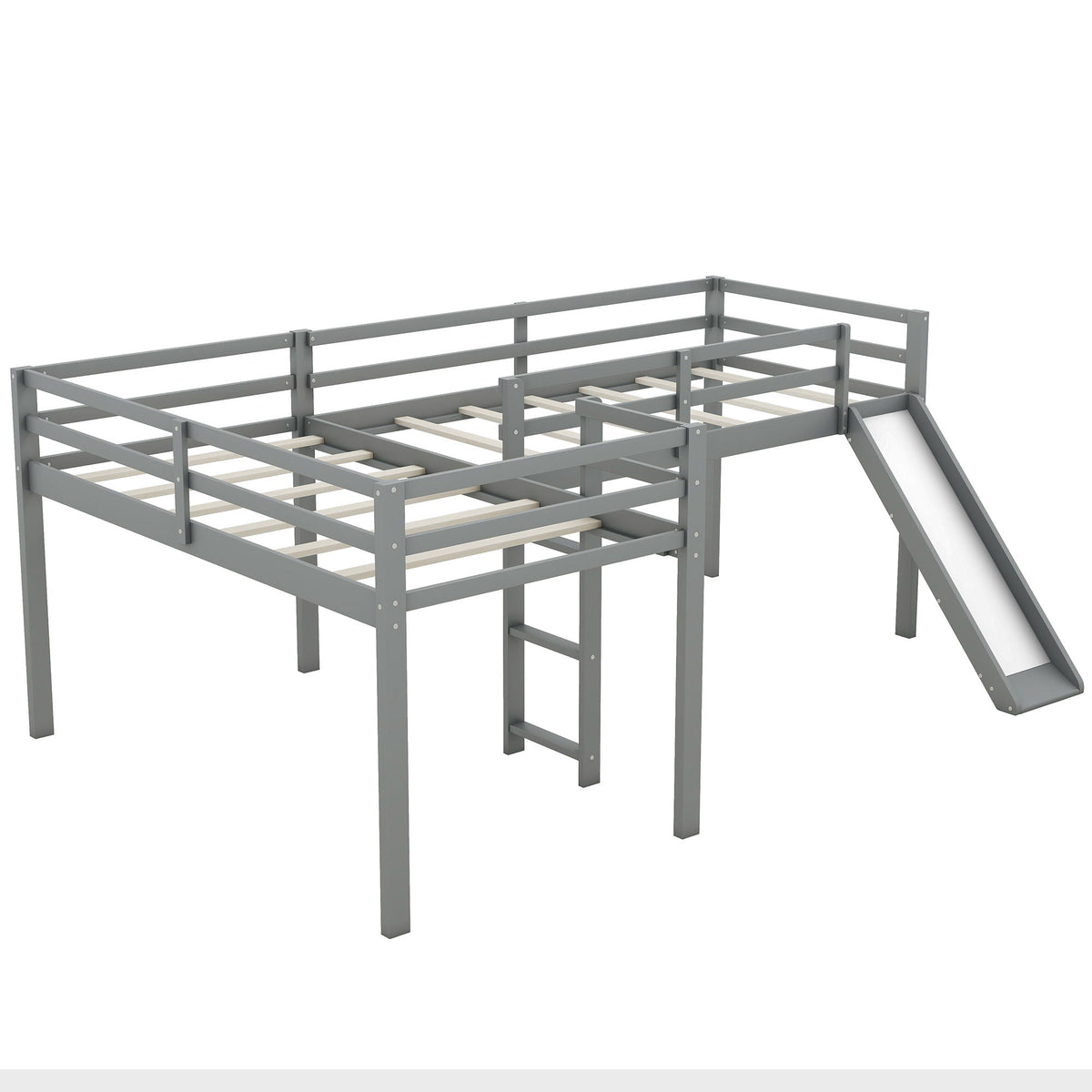 L Shaped Loft Bed with Slide and Ladder - Twin Size, Solid Wood - White or Dark Gray