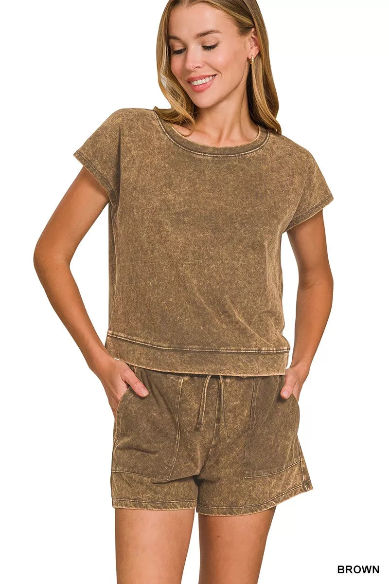 Zenana Premium Cotton Washed Sleeveless Top & Shorts Set