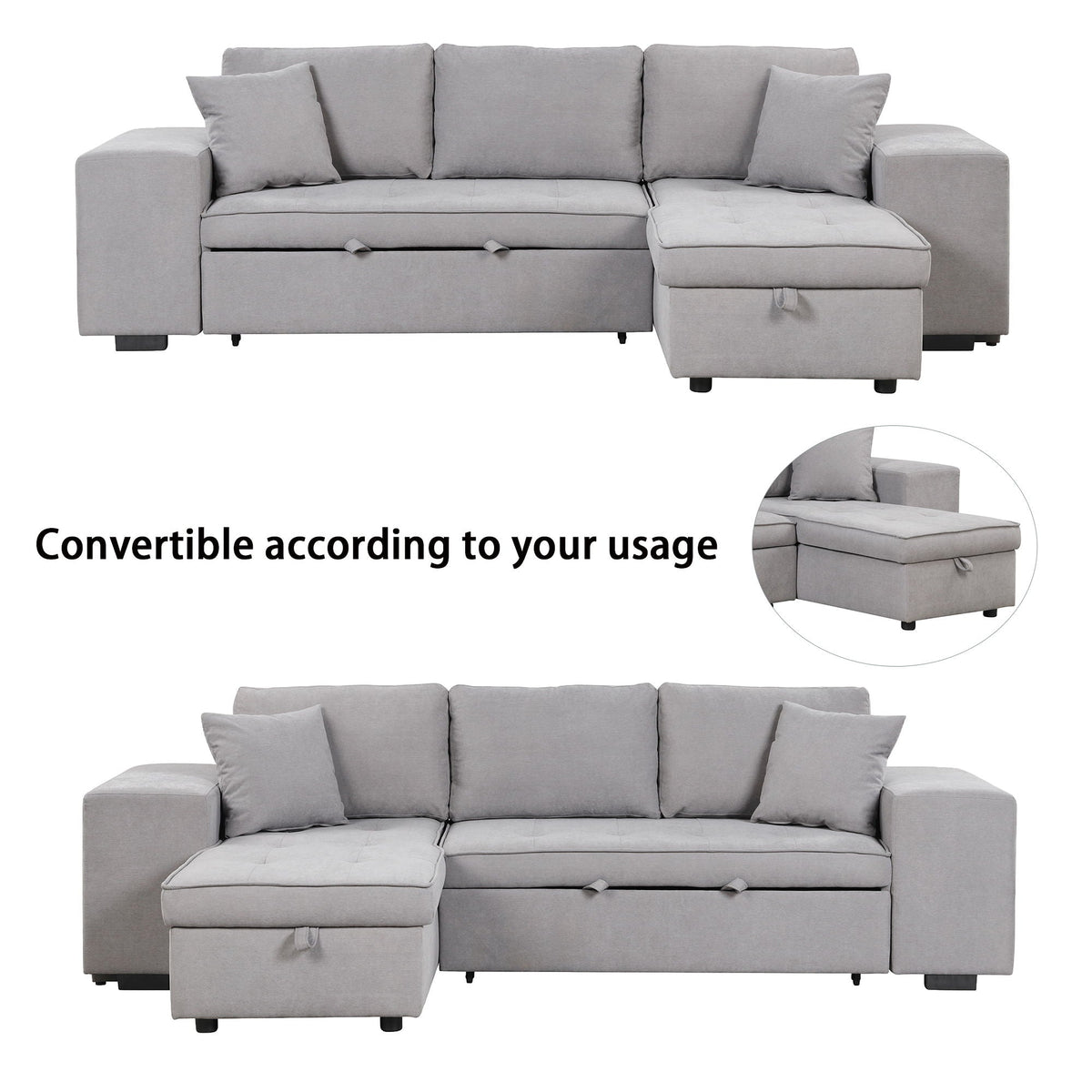 Reversible L-Shape Sleeper Sectional Sofa with Storage Chaise and 2 Stools - Multiple Colors