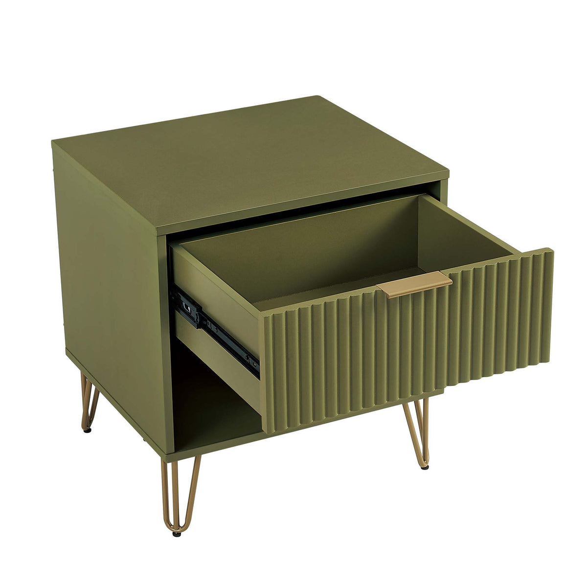 Modern Nightstand with Fluted Drawer and Metal Handles - Multiple Colors