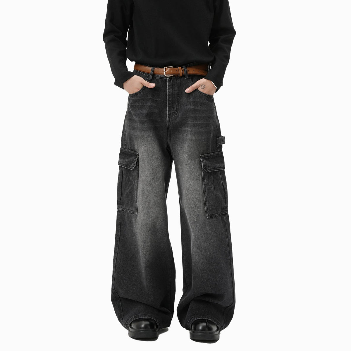 Bleached Wide-leg Multi-pocket Straight-leg Casual Work Pants