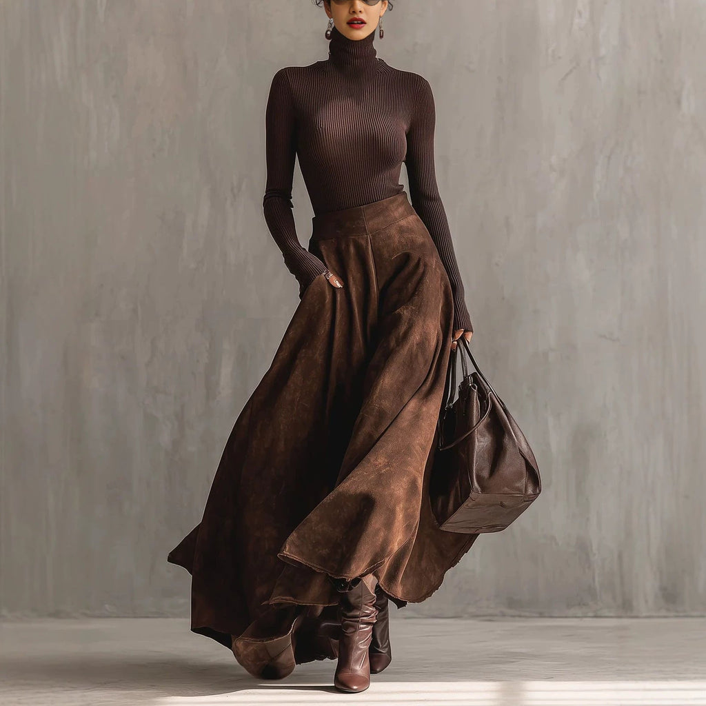 Beige Turtleneck Long Flared Skirt Set