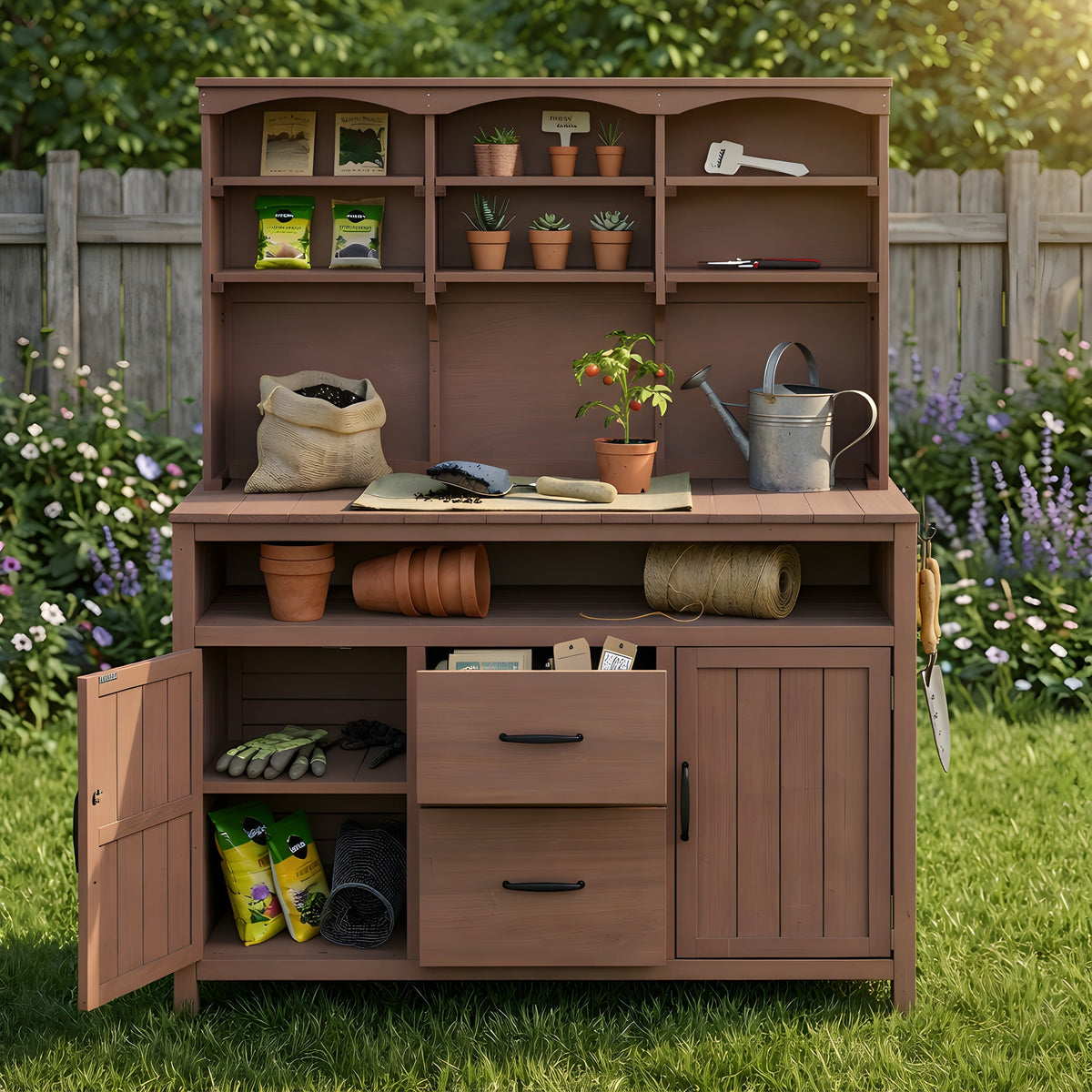 Large Fir Wood Potting Bench with Hutch and Storage - Brown
