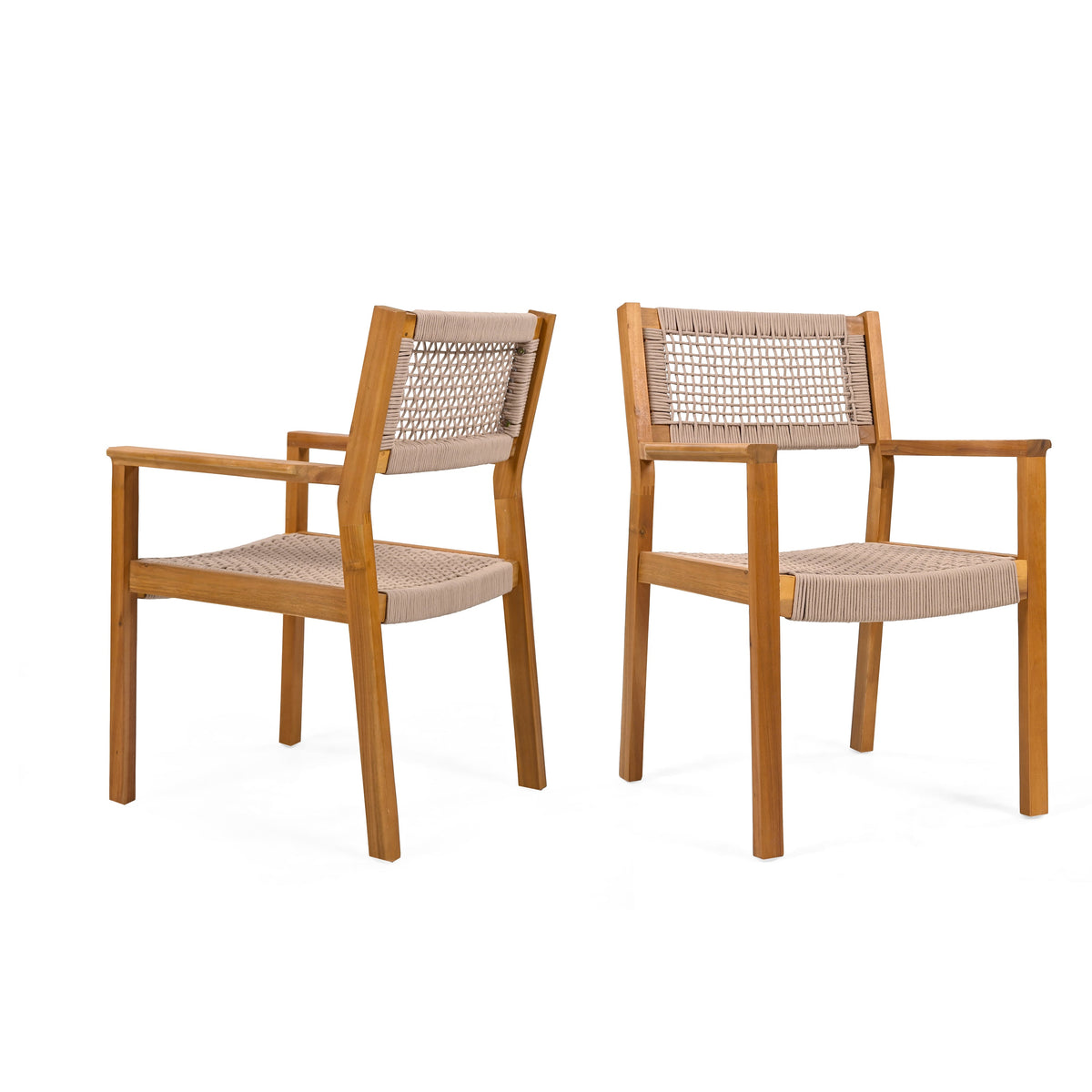 Braided Dining Chair Set of 2 with Acacia Wood & Rope - Light Brown