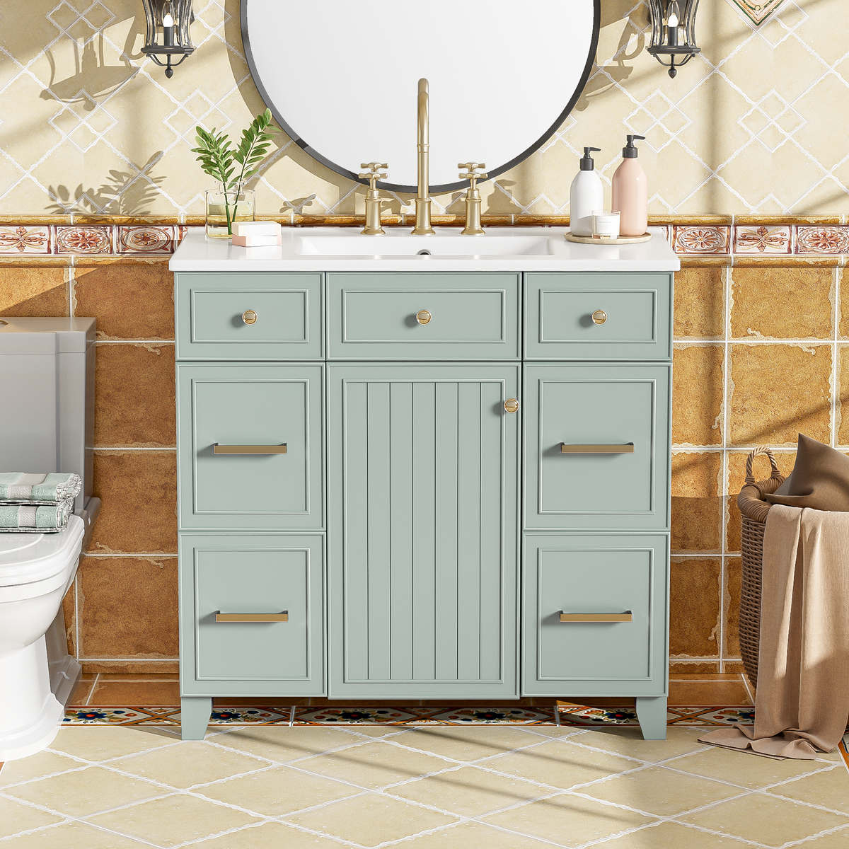 36" Green Bathroom Vanity with Ceramic Sink - Solid Wood Frame