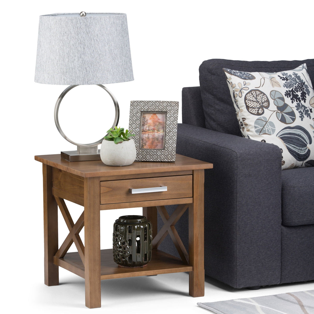 Medium Saddle Brown Solid Wood End Table with Drawer - Contemporary Style