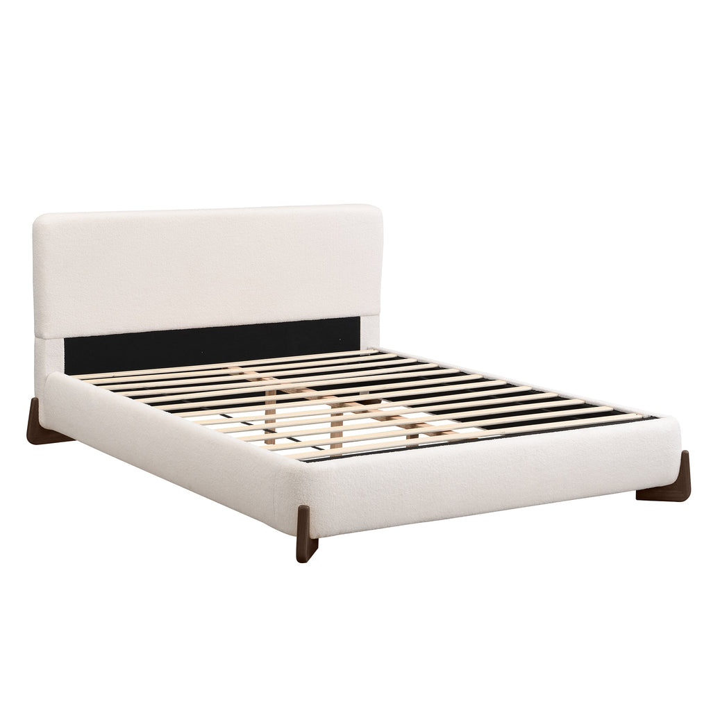Elegant Terry Upholstered Bed with Solid Wood Legs - White