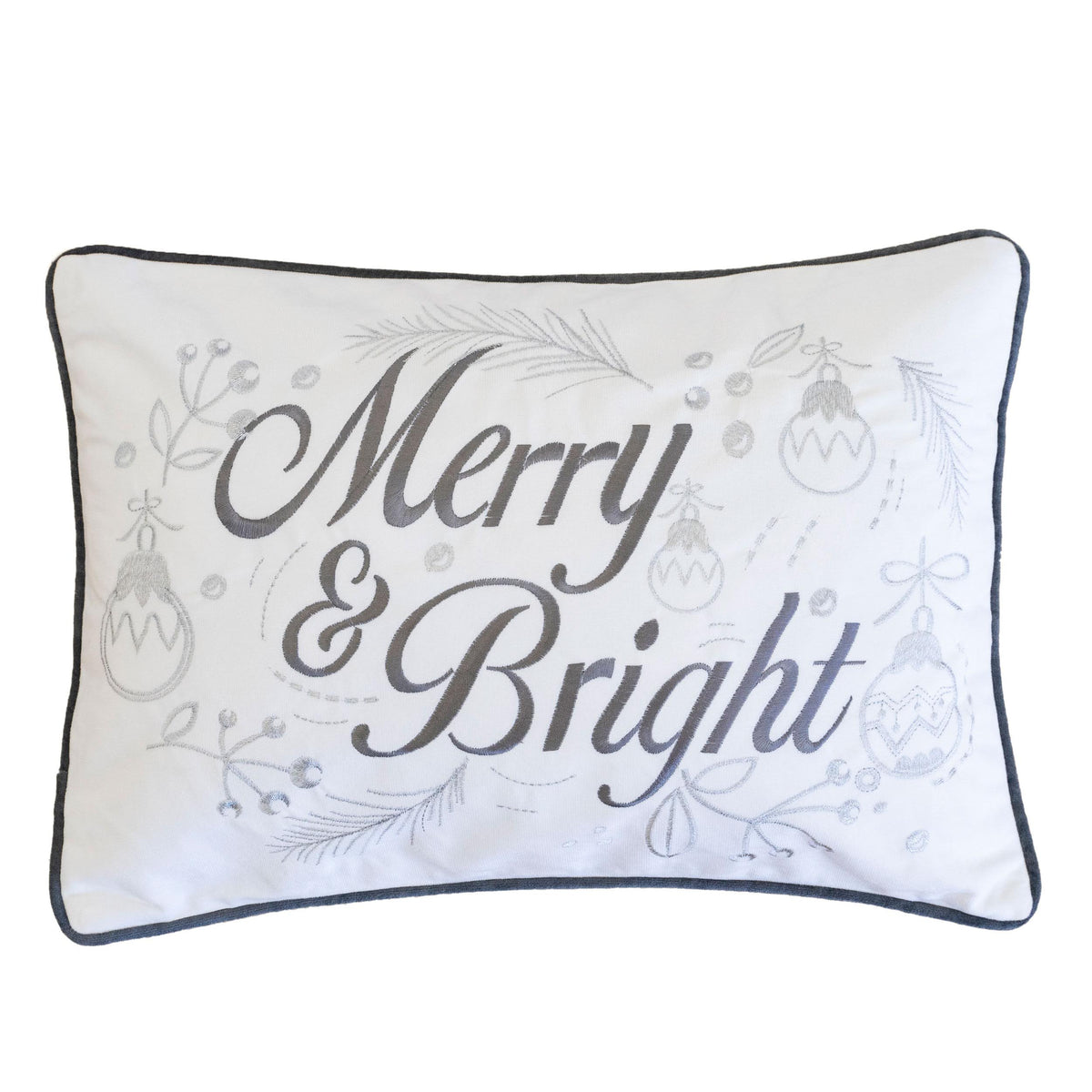 Merry & Bright Christmas Throw Pillow with Silver Embroidery - White+Silver