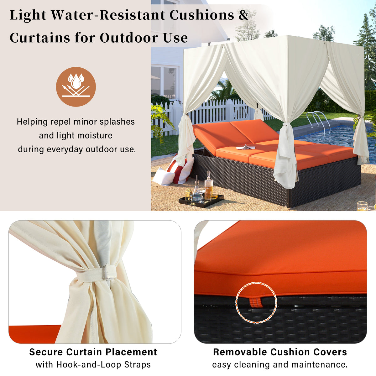 Outdoor Double Chaise Lounge Daybed with Adjustable Backrests and Curtains - Orange or Beige