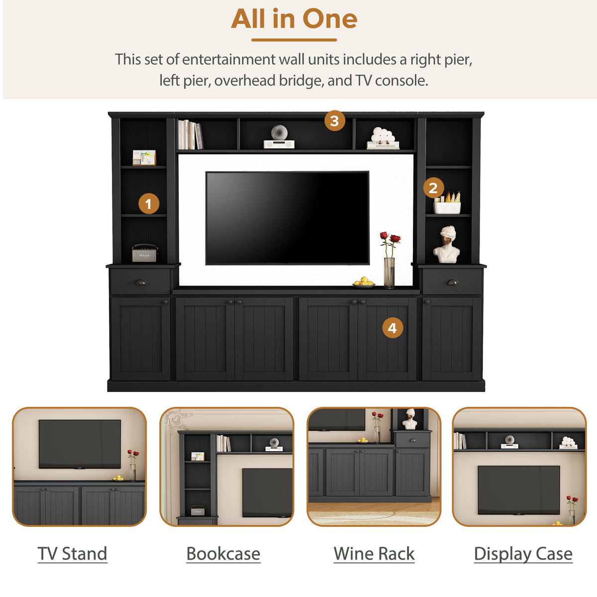 Minimalist Entertainment Wall Unit Set with Adjustable Bridge for TVs Up to 75" - White or Black