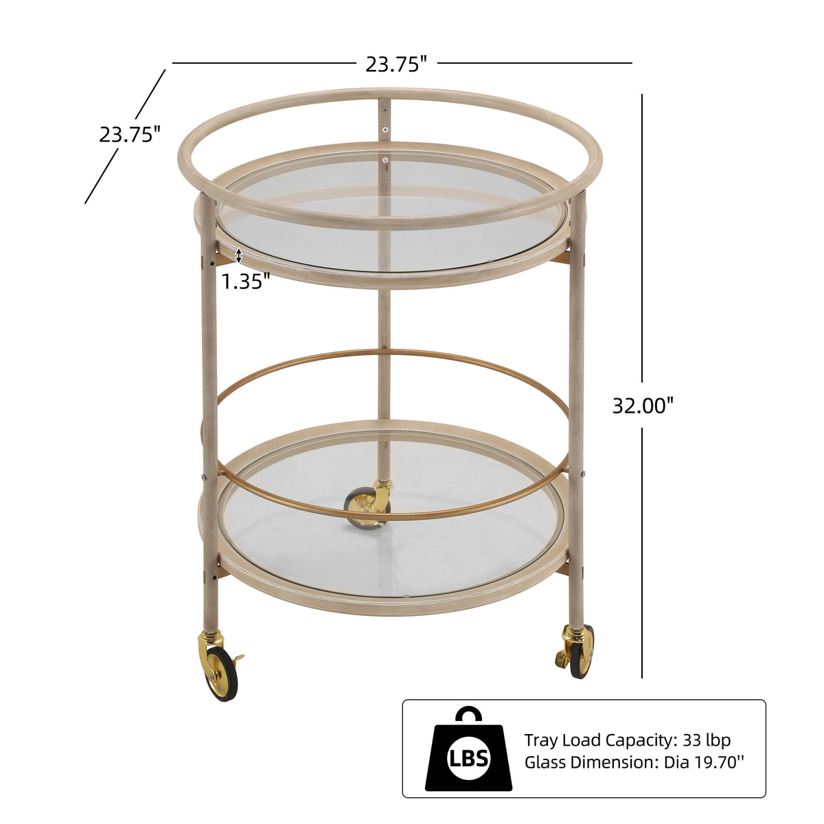Round Bar Cart with Tempered Glass Shelves and Gold Accents