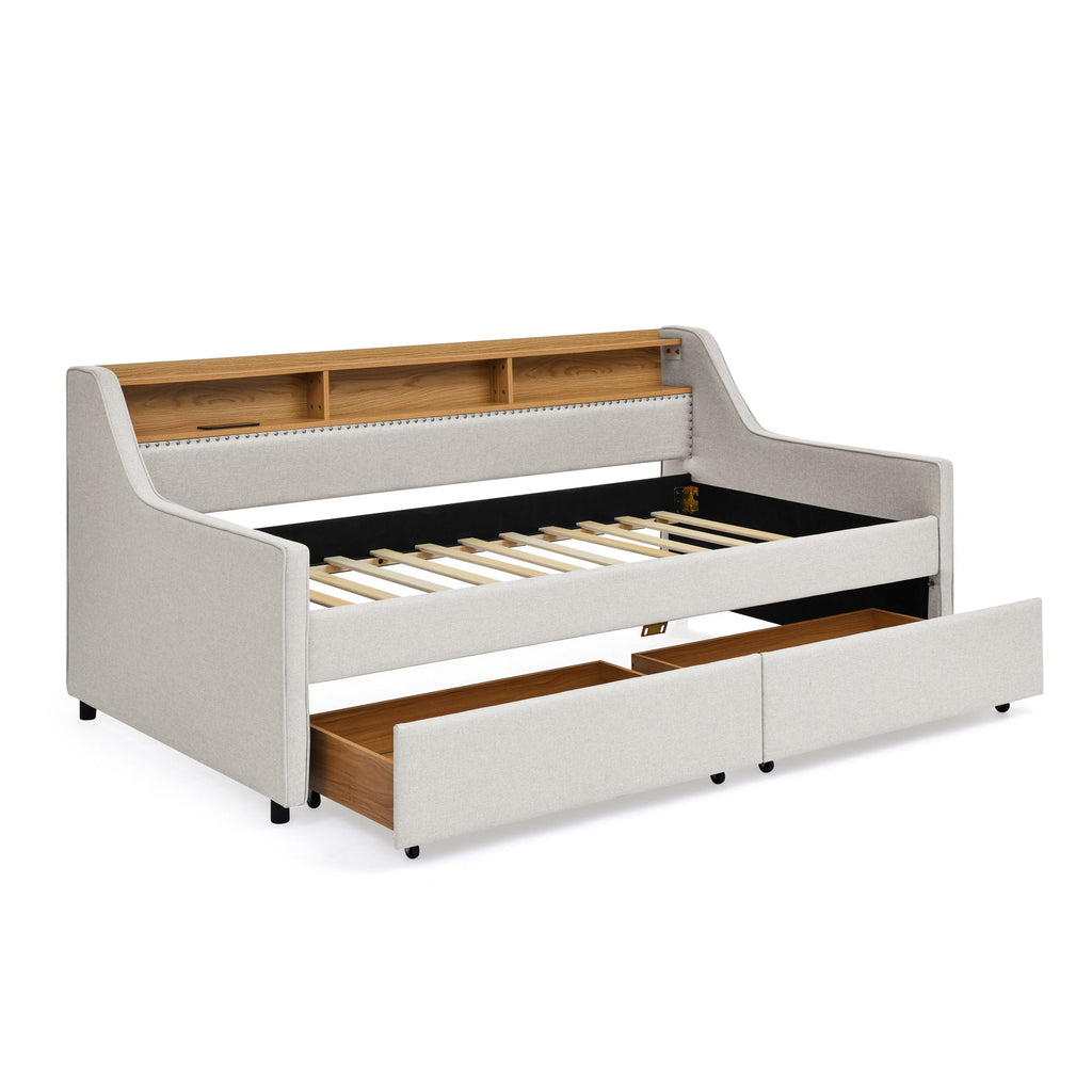 Twin Upholstered Sofa Bed with LED Lights and Storage Drawers - Beige