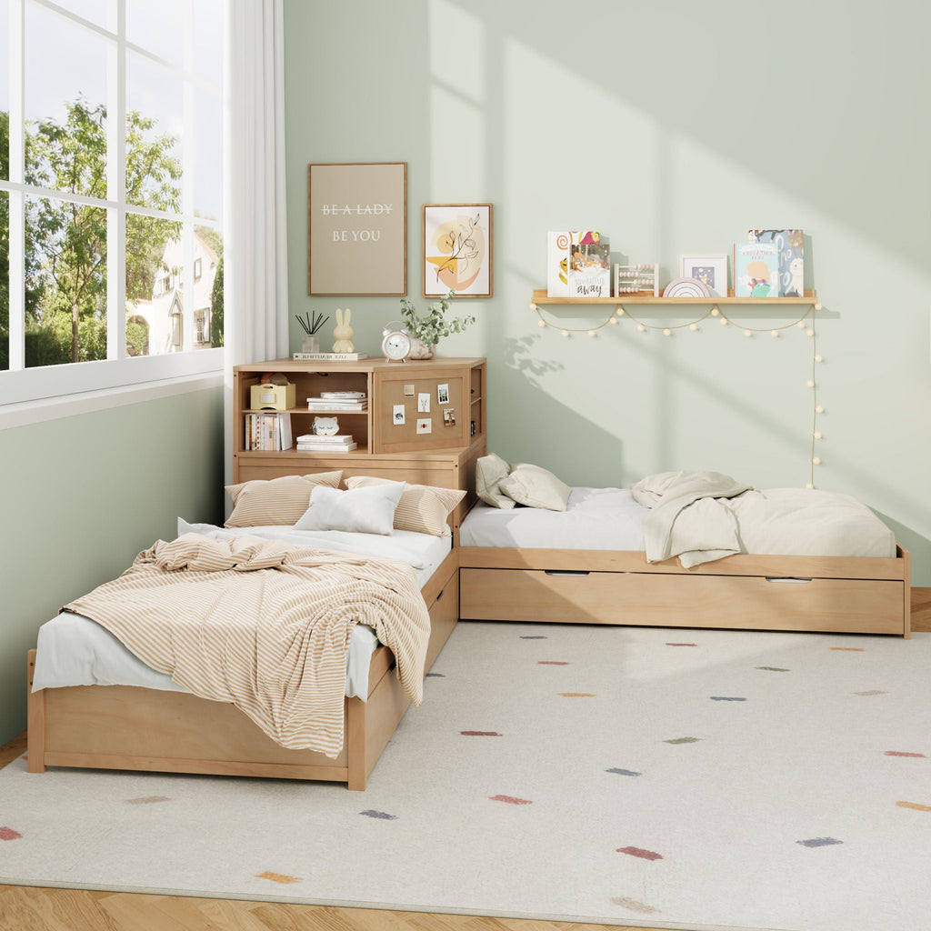 L-Shaped Bed Frame with Trundle, Desk & LED Lighting - Twin
