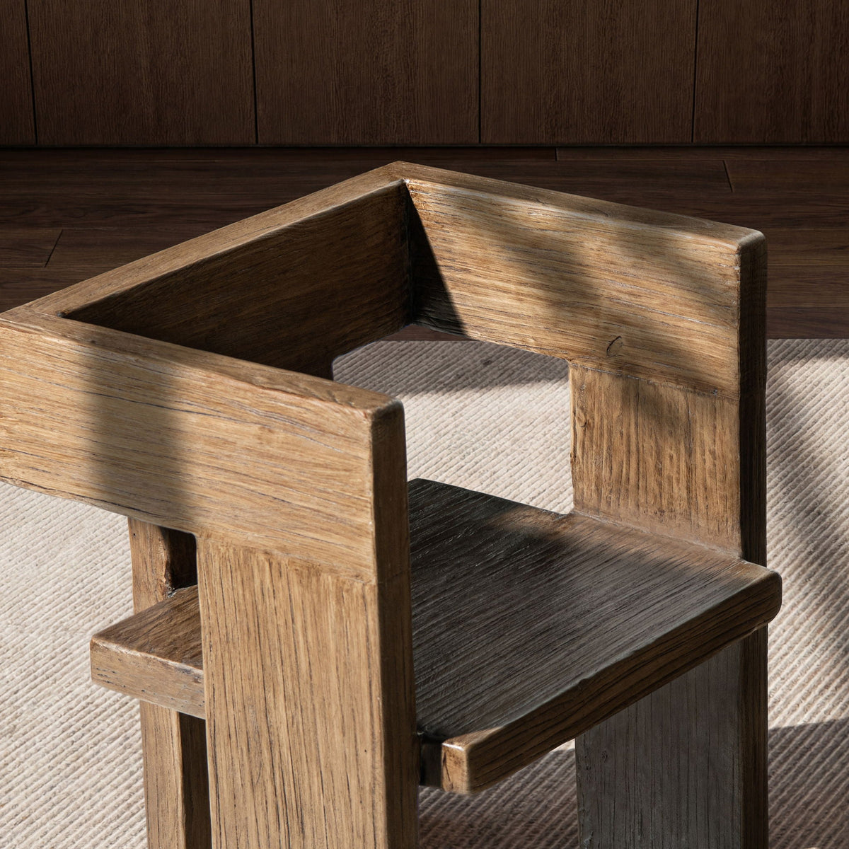 Sculptural Block Accent Chair with Reclaimed Elm Construction - Brown