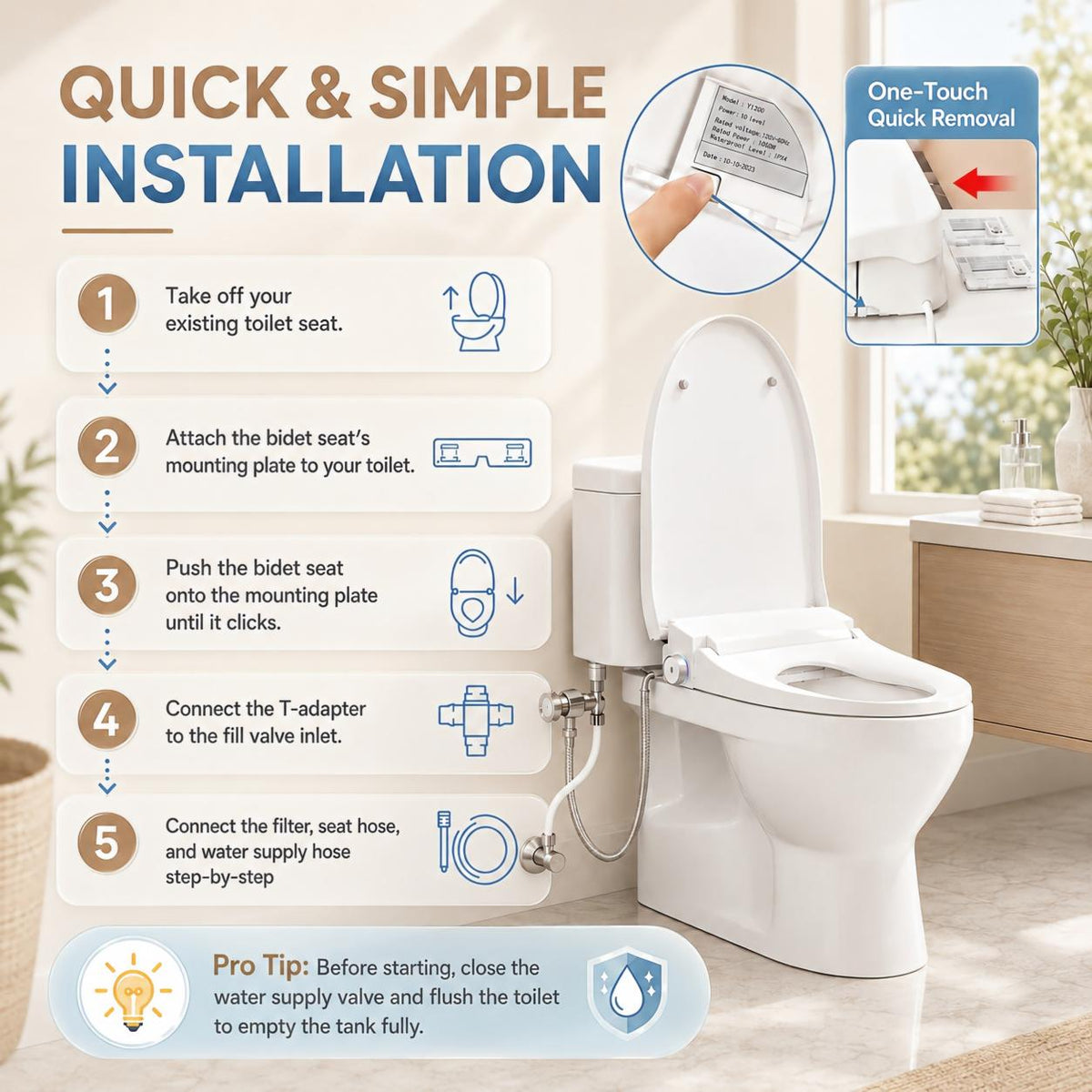 Smart Bidet Toilet Seat with Adjustable Heated Seat - White