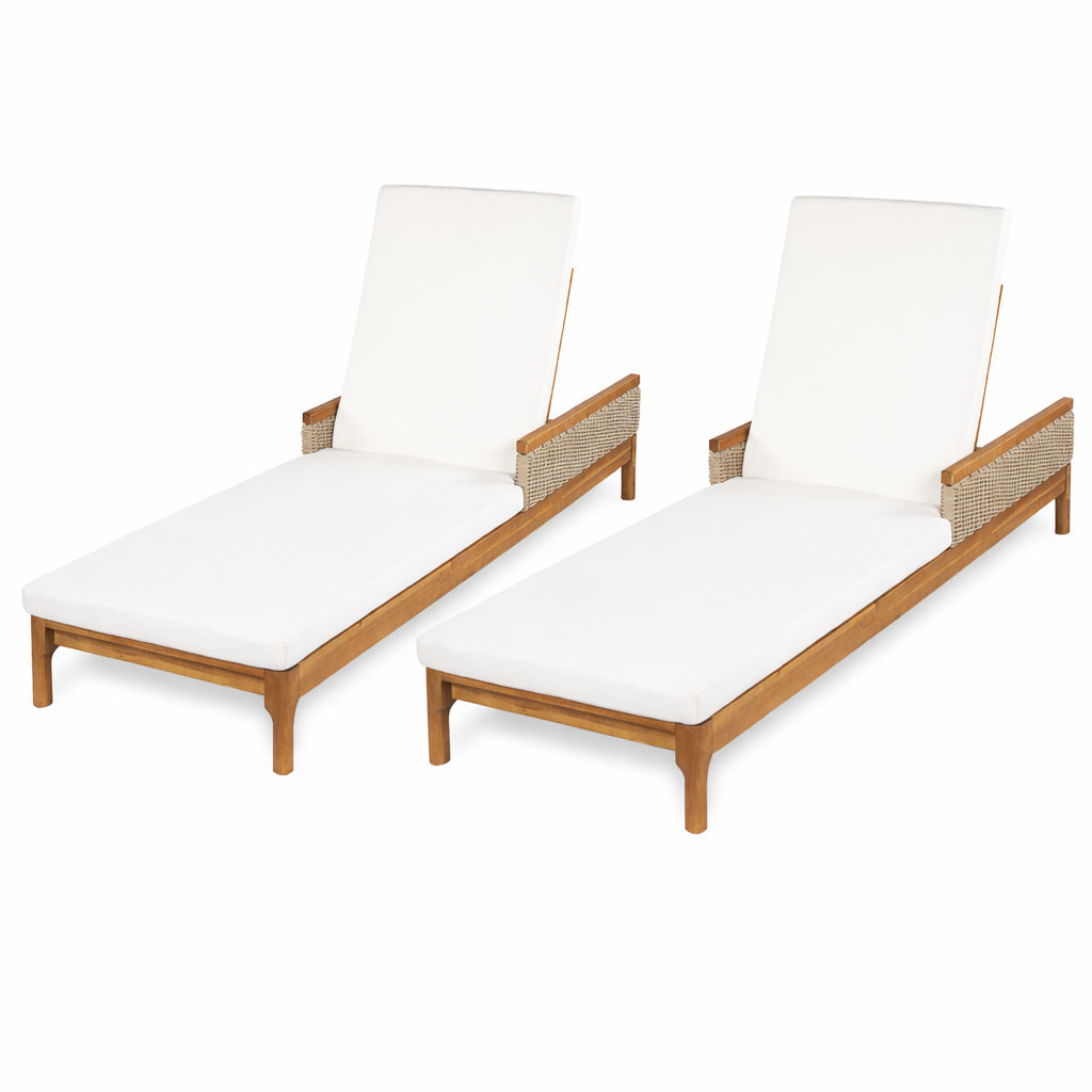 Solid Acacia Wood Sun Lounger Set of 2 with Cushions - Beige & Light Grey