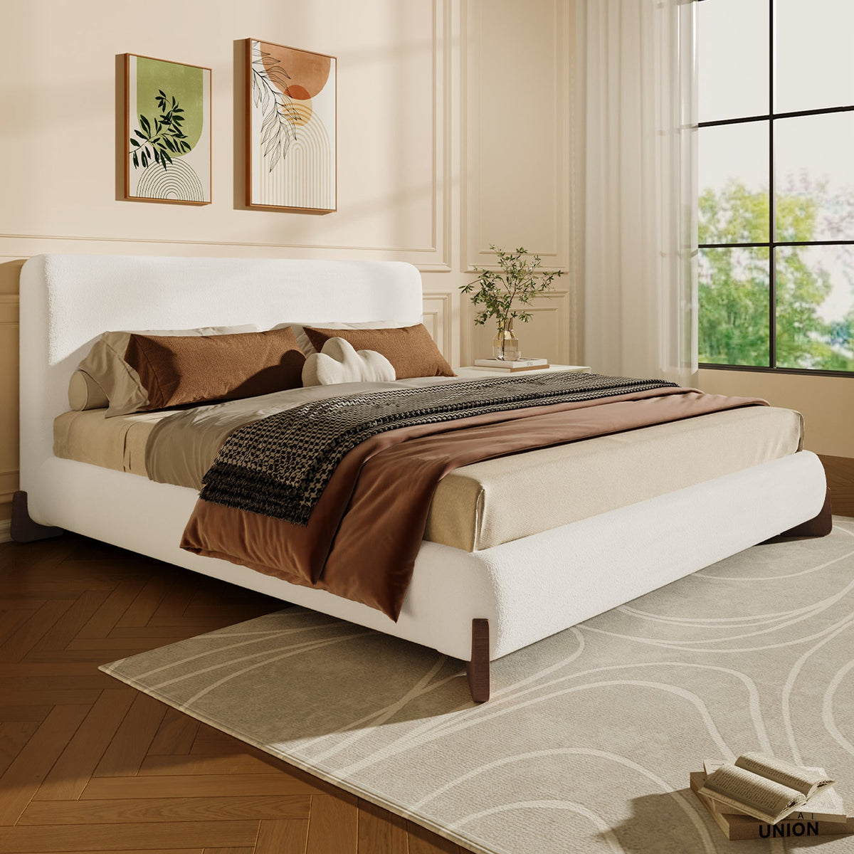 Elegant Terry Upholstered Bed with Solid Wood Legs - White