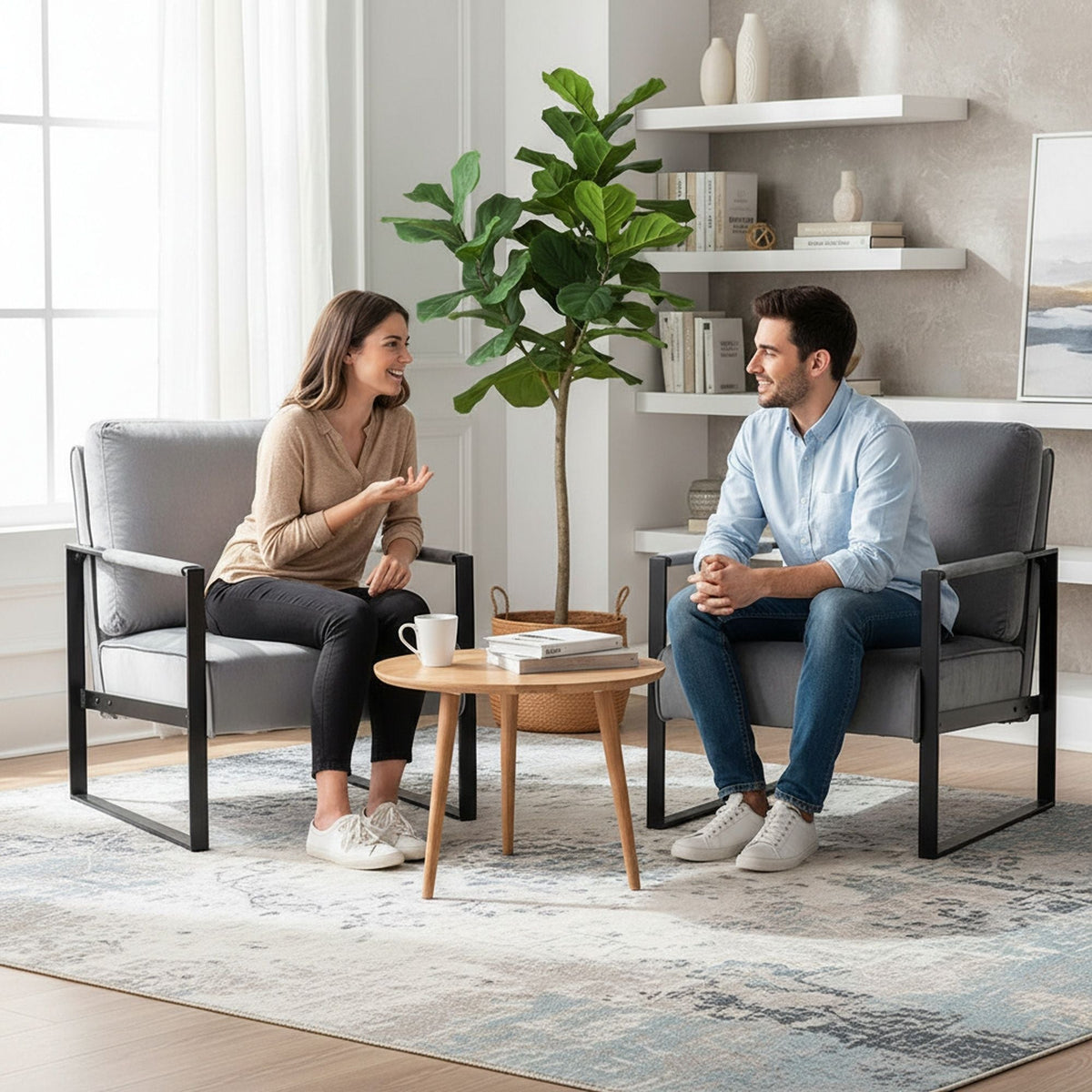 Classic Mid Century Modern Accent Chair With Durable Square Metal Frame, Armchair