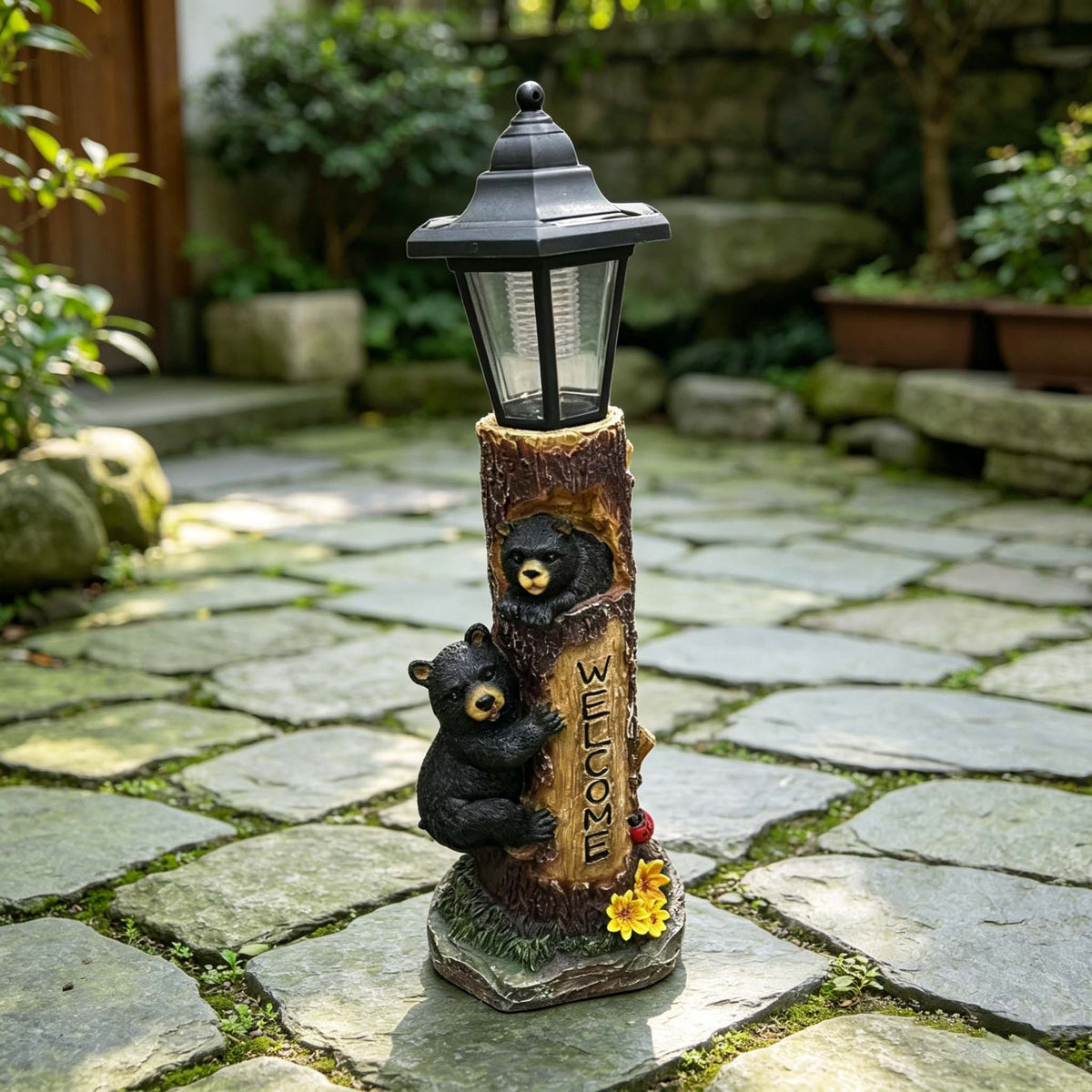 Solar-Powered Bear Welcome Statue with Hand-Painted Welcome Sign - Black