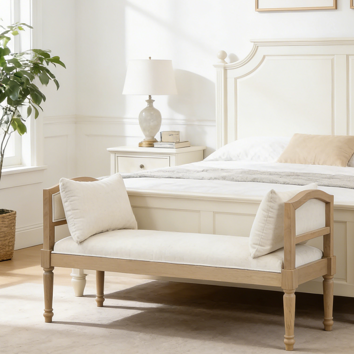 Upholstered Bench with Turned Legs & Side Cushions - Beige or Greige