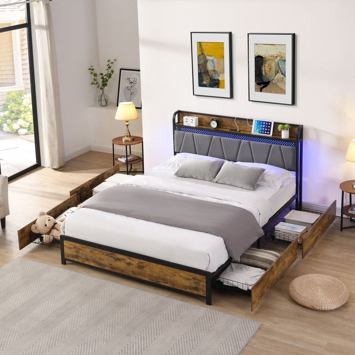 Contemporary Storage Bed Frame with LED Lights and Charging Station - Dark Brown
