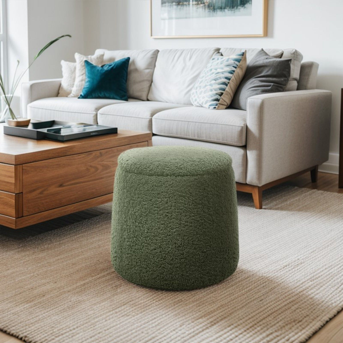 Elegant Round Storage Ottoman with Built-In Storage - Dark Green or Beige
