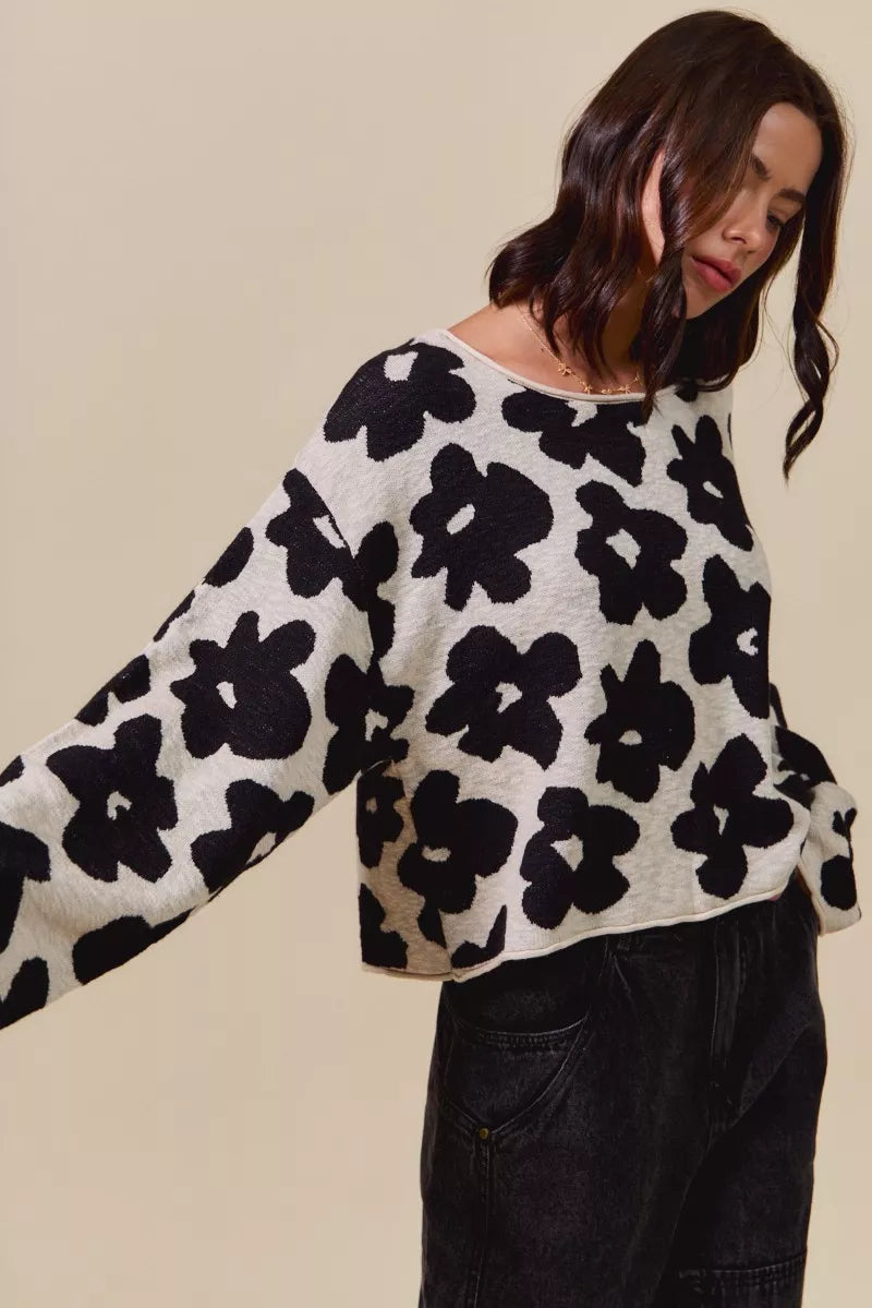 SO ME Loose Fit Flower Lightweight Sweater Top