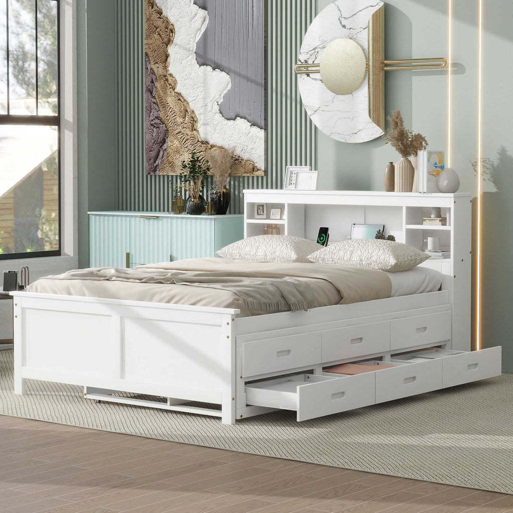 Platform Bed with Storage Headboard, USB, Trundle & 3 Drawers - Twin or Full