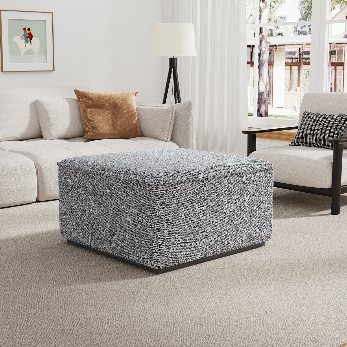 Square Upholstered Ottoman with Solid Wood Legs - Black-and-White Fabric