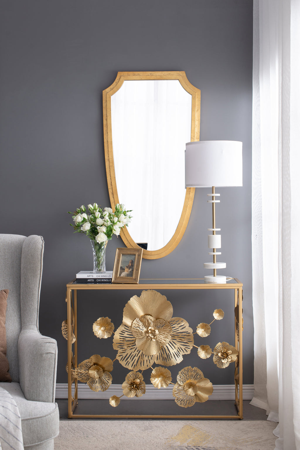 White Marble Table Lamp with Brass Frame and Drum Shade - White